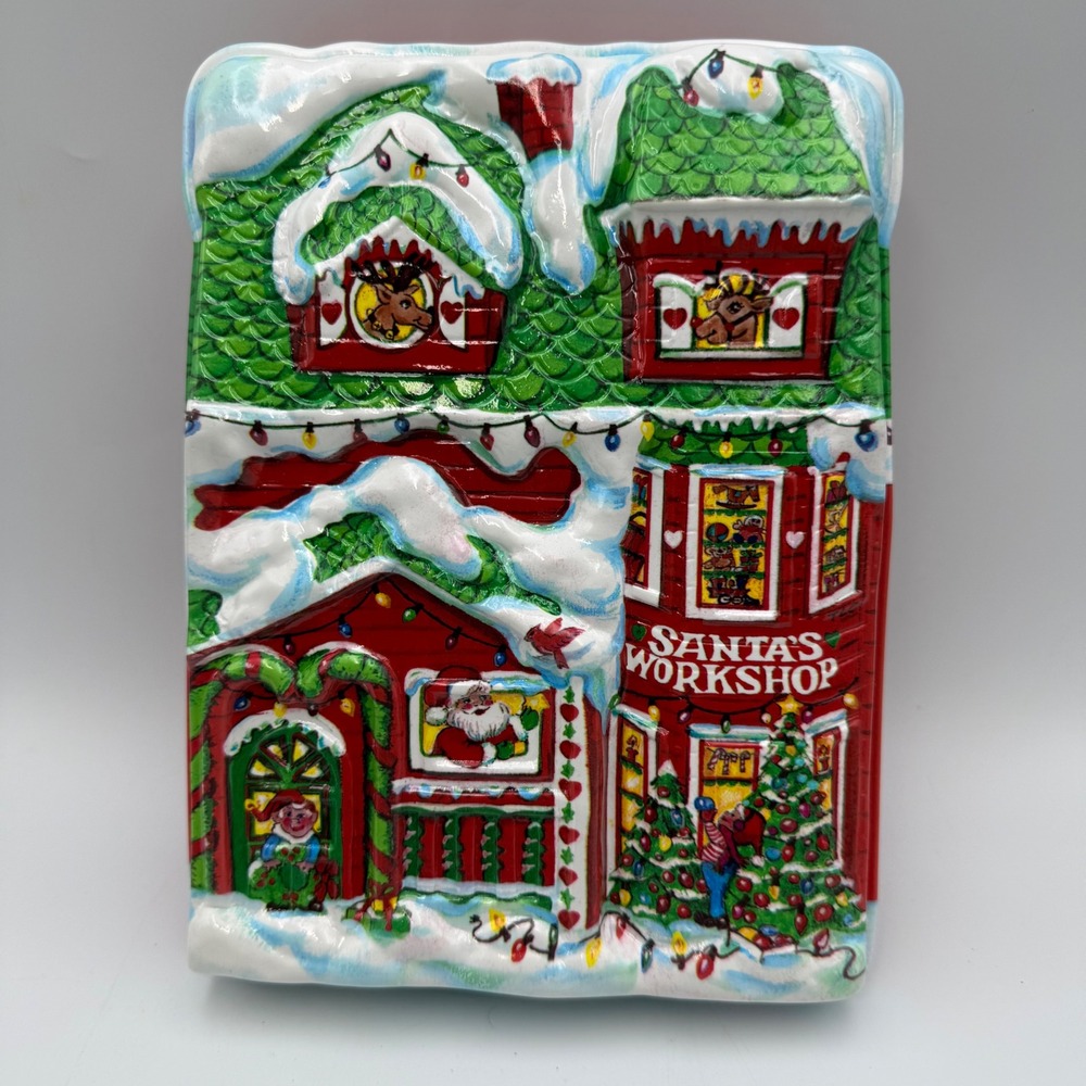 Santa's Workshop Embossed Plastic Christmas Holiday Storage Box Red Green 8.5"